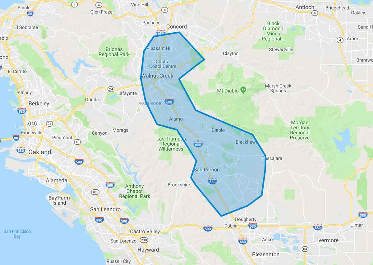 Map of Next Day Cleaning service area showing the 680 corridor including San Ramon, Danville, Blackhawk, Alamo, Walnut Creek and Pleasant Hill