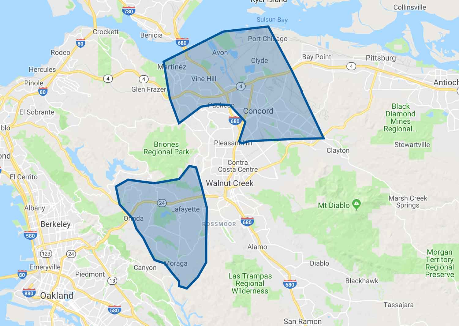 Map of Next Day Clean service area including LaMorinda, Concord & Martinez